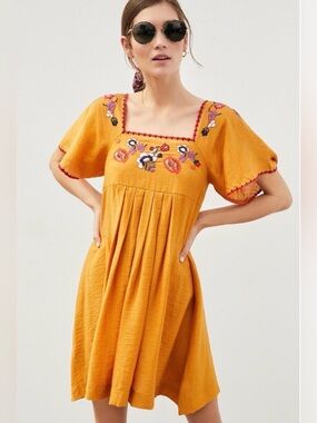 Madewell Mustard Embroidered Square-Neck Mini Dress